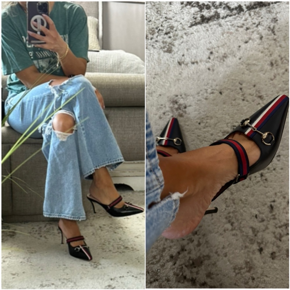 New🩷 GUCCI Emma Web Strap Horsebit Mules | Size 37
